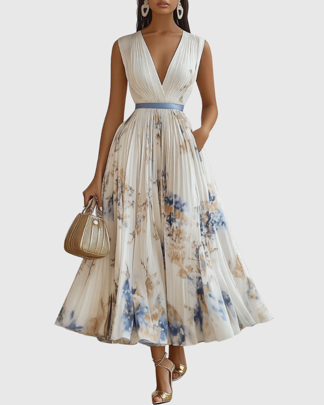 V-Neck Sleeveless Belted Floral Pleated Maxi Dress 3