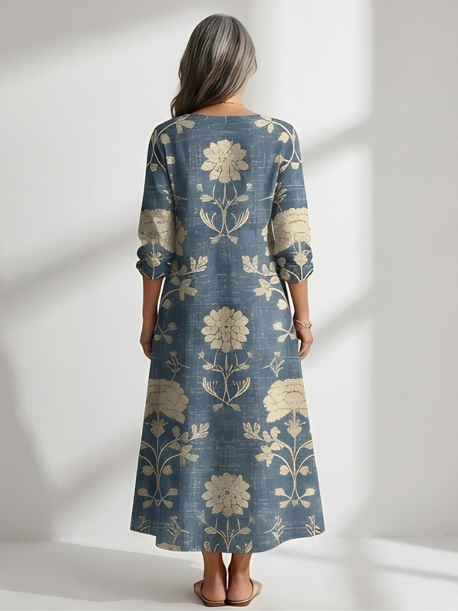 Floral Damask Print V-Neck Long Sleeve Midi Dress 3