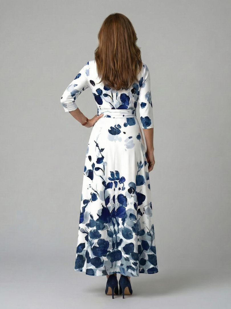 Floral V-Neck Wrap Three Quarter Sleeve Satin Maxi Dress 15