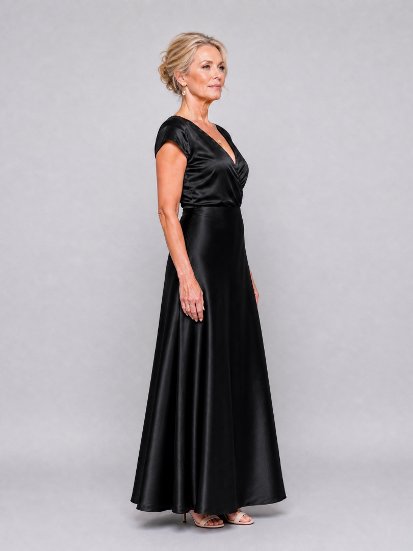 Surplice V-Neck Cap Sleeve Satin Maxi Gown 13