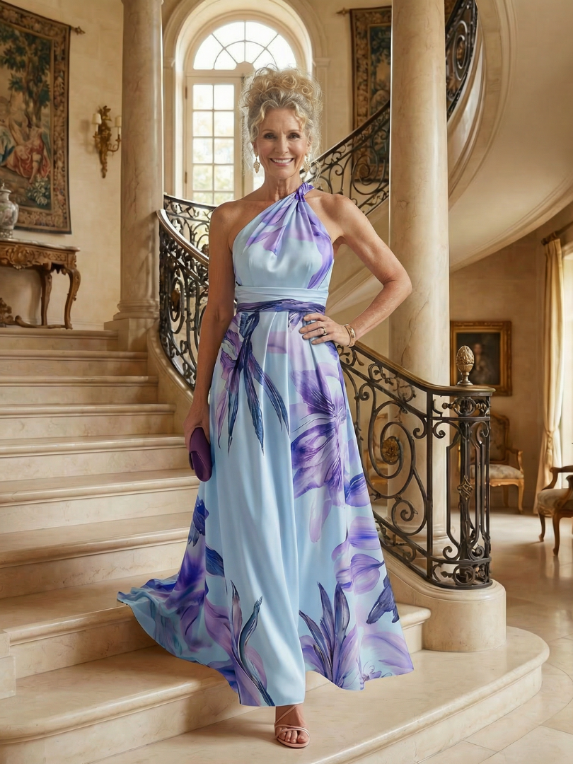 One Shoulder Floral Belted Satin Maxi Dress 12