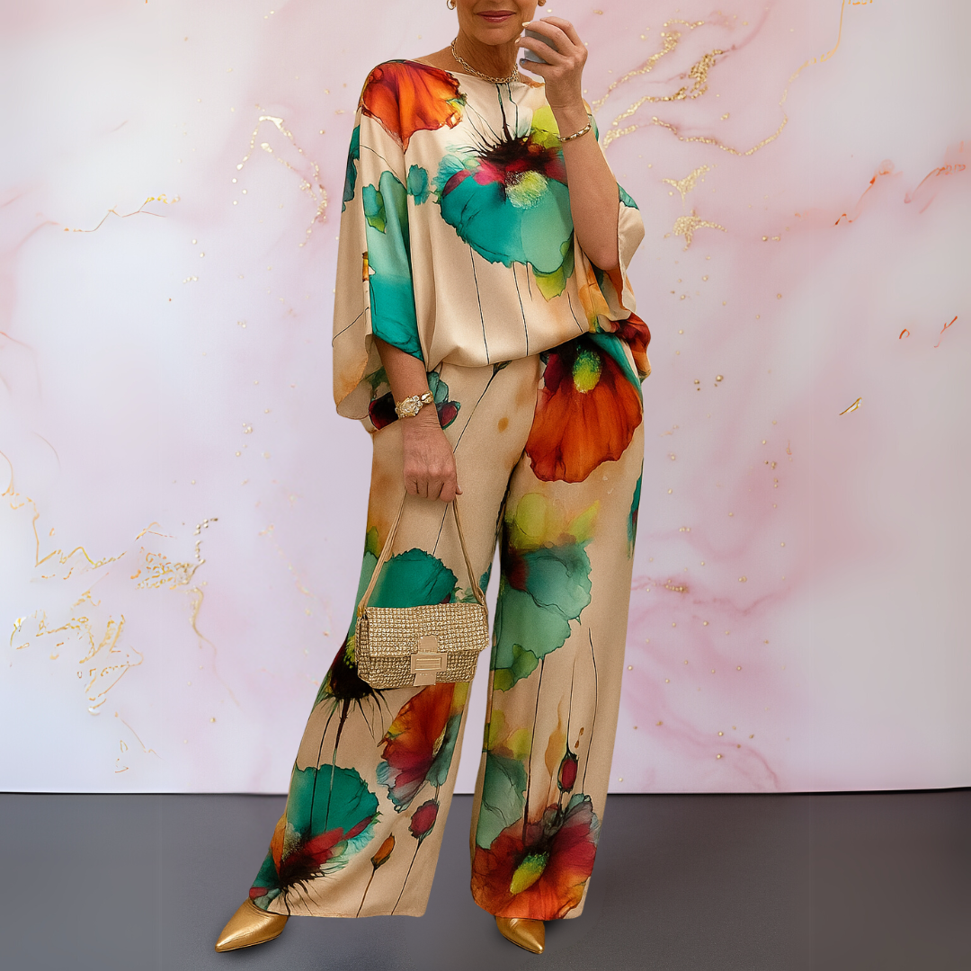 Watercolor Floral Batwing Top and Wide Leg Pants Two Piece Set 4