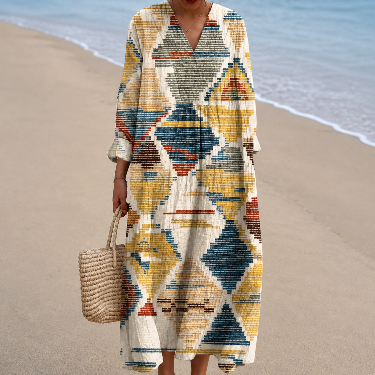 Aztec Geometric Print V-Neck Long Sleeve Maxi Dress
