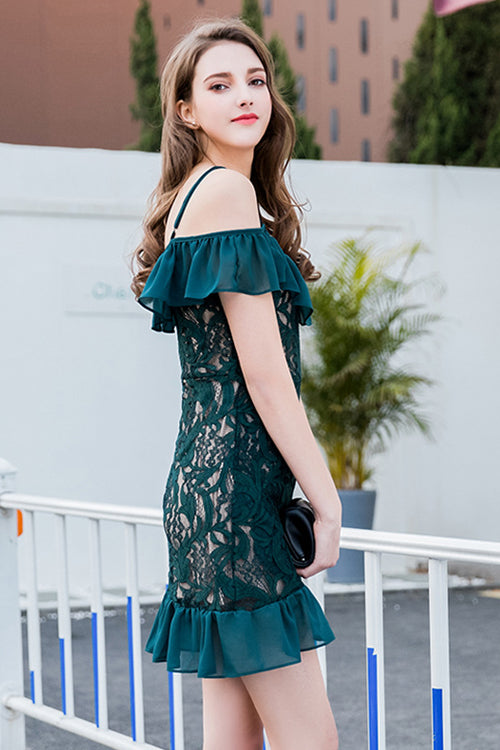 Cold Shoulder Ruffle Strap Lace Ruffle Hem Mini Dress 6