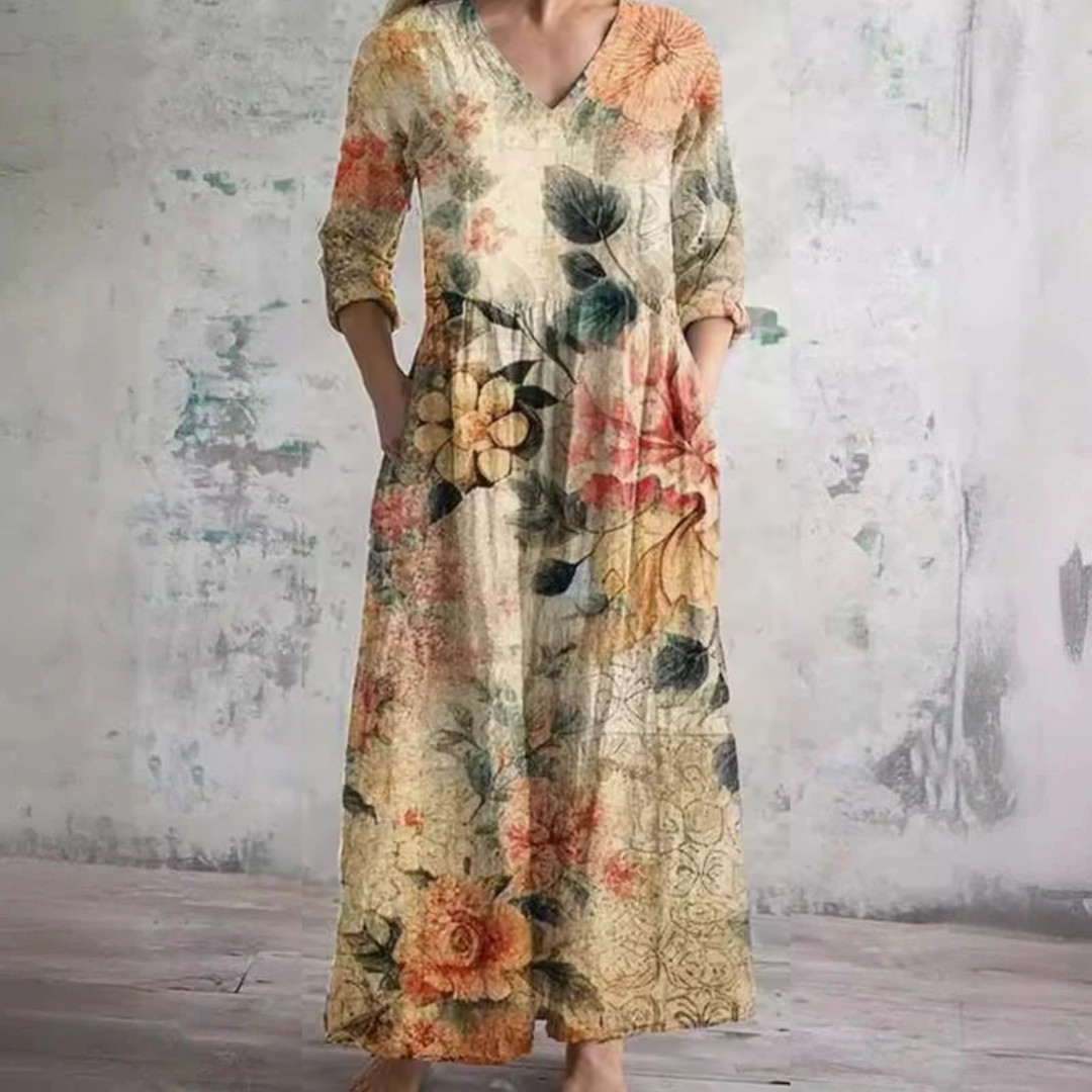 Floral Print V-Neck Tiered Pocket Maxi Dress