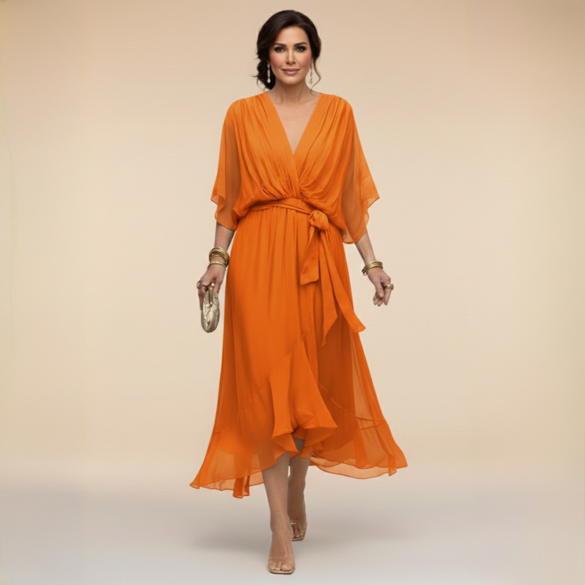 V-Neck Kimono Sleeve Belted High Low Wrap Maxi Dress 9