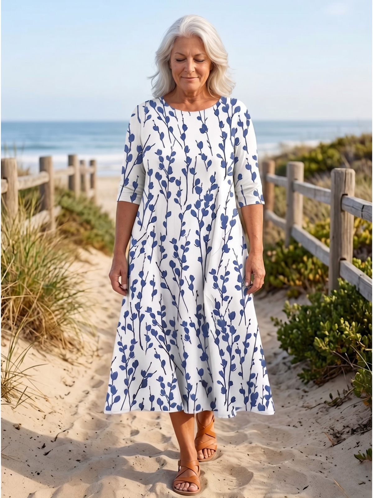 Leaf Print Crew Neck Half Sleeve A-Line Midi Dress