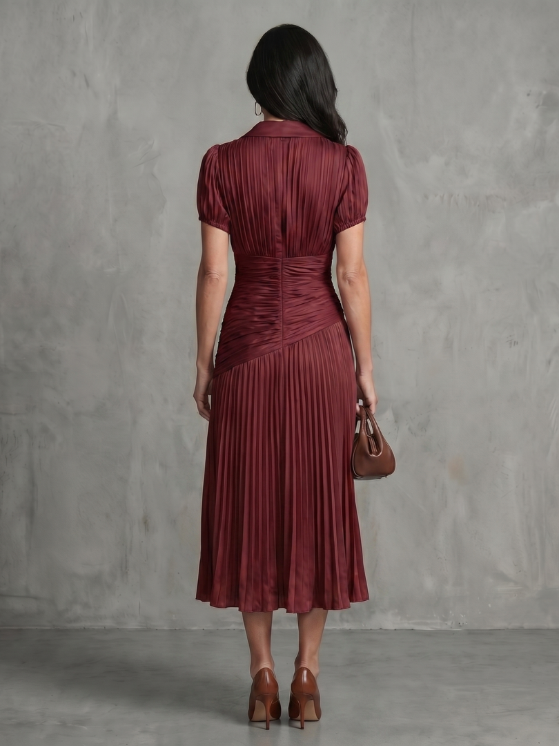 Striped Collared Short Sleeve Ruched Pleated Midi Dress 8