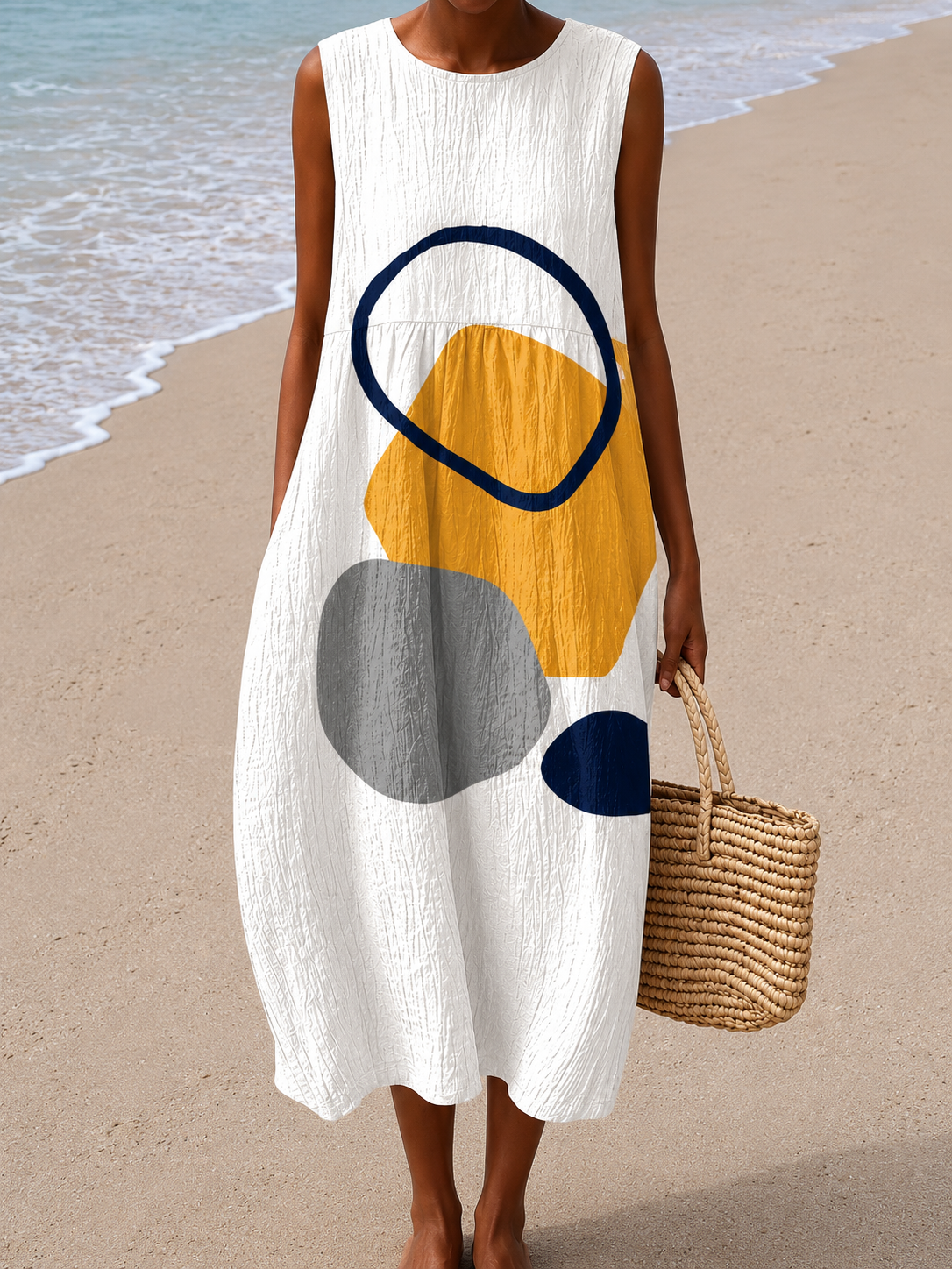 Round Neck Abstract Print Sleeveless Pocket Midi Dress