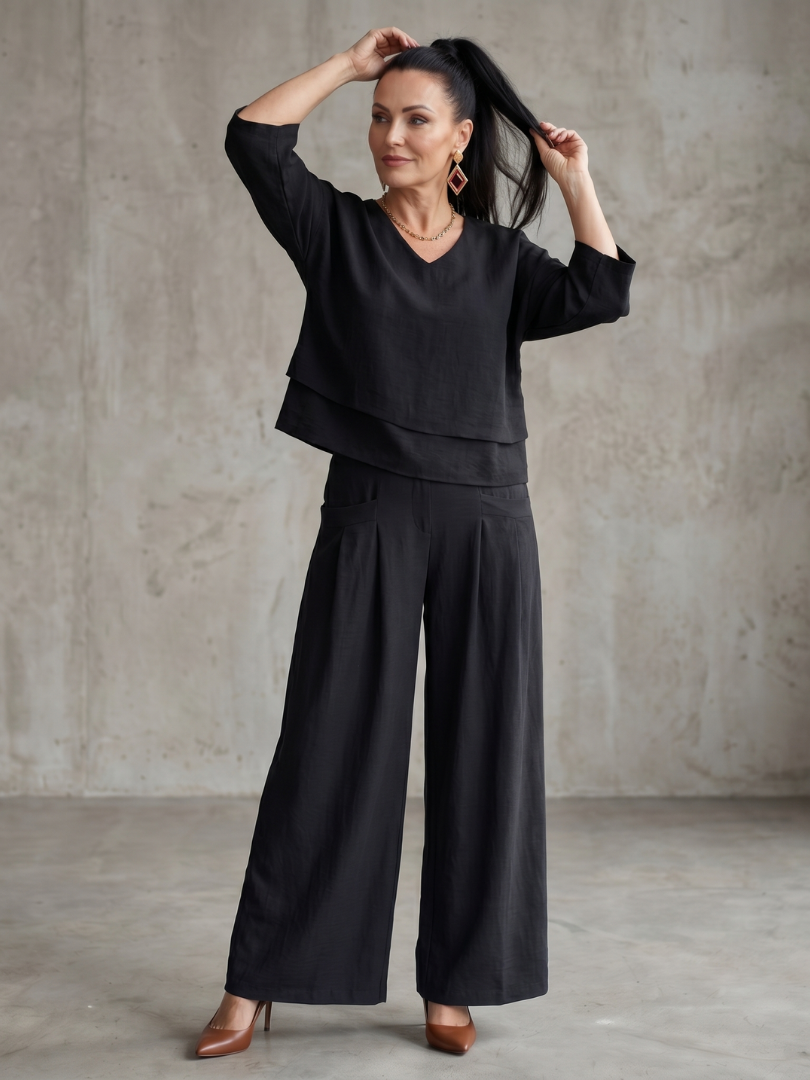 V-Neck Layered Top and Wide Leg Pants Two Piece Set 7
