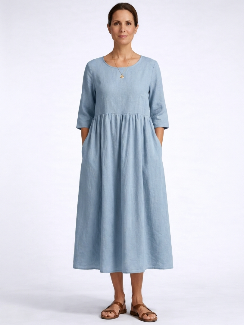 Round Neck Half Sleeve Pocket Smock Midi Dress