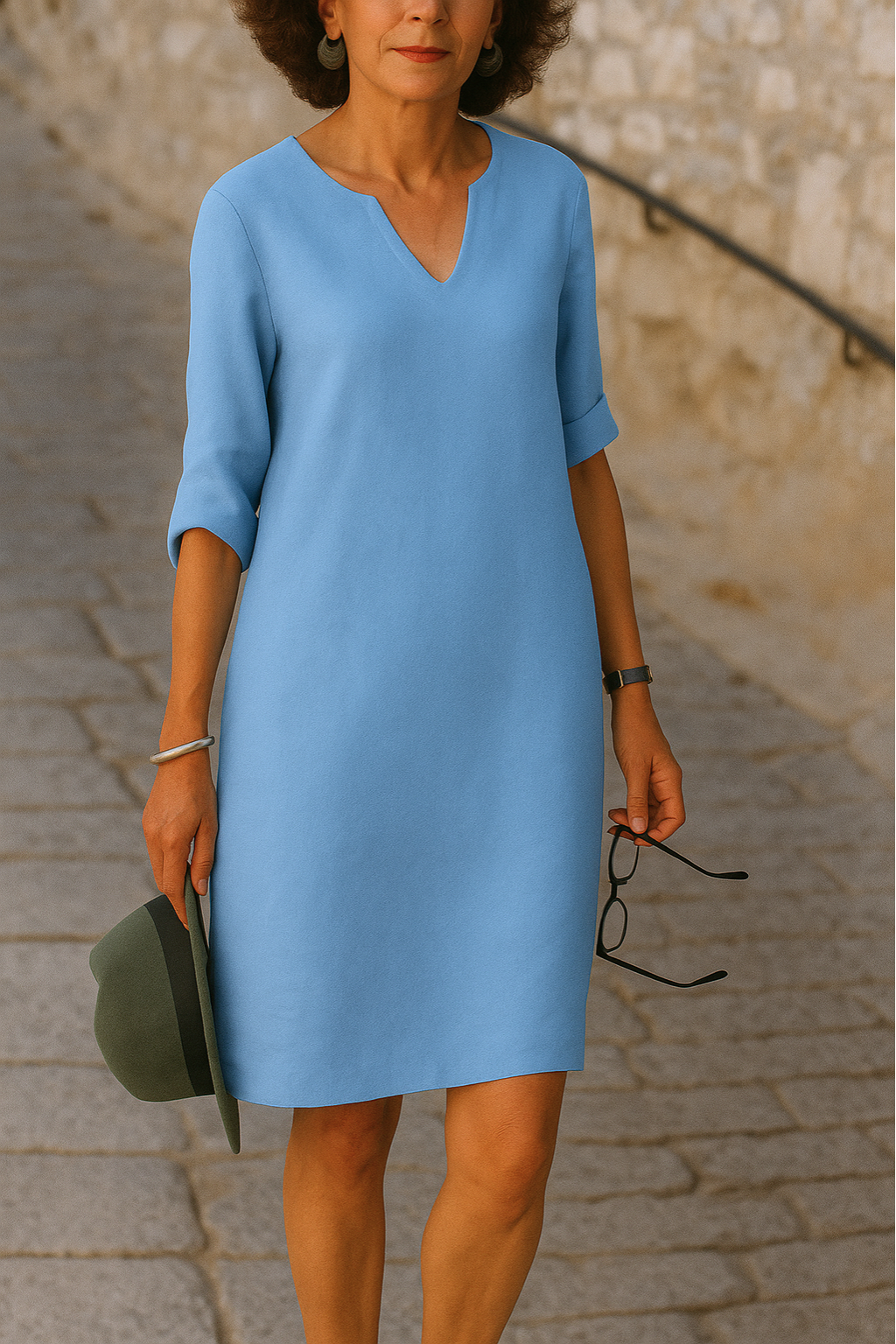 Split Neck Roll Sleeve Linen Look Shift Midi Dress 5