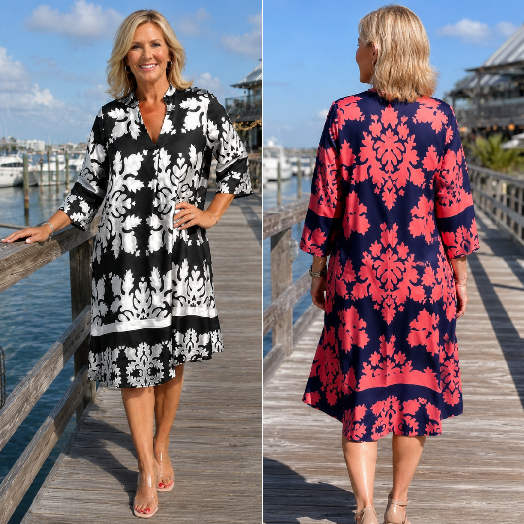 Damask Print Split Neck Three Quarter Sleeve A-Line Dress 6