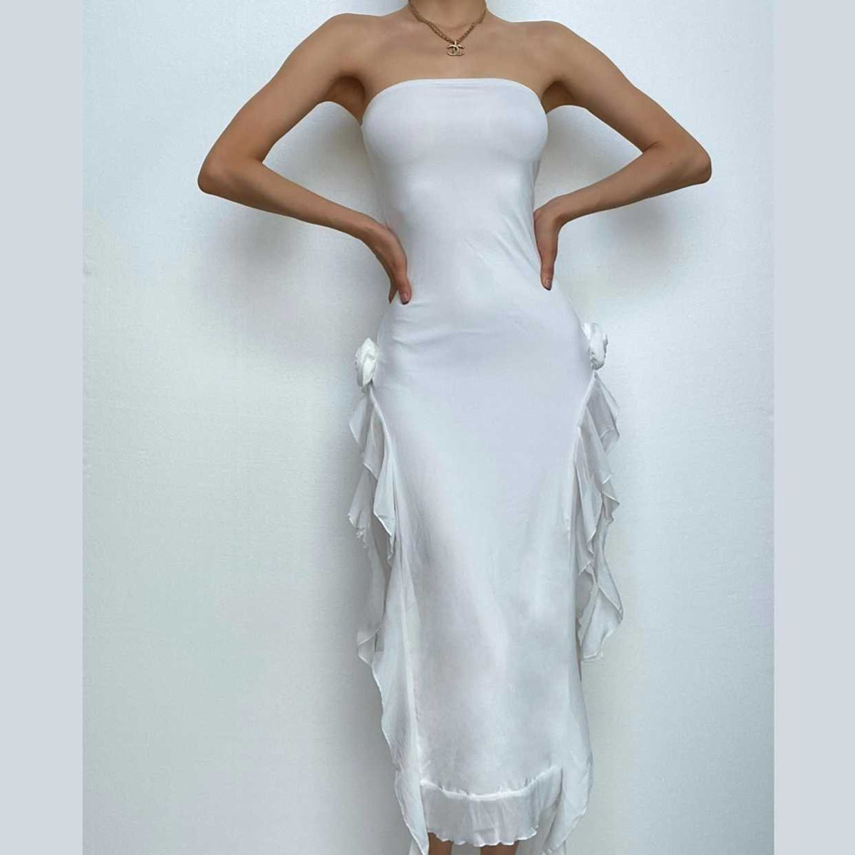 Flower Applique Strapless Backless High Split Maxi Dress