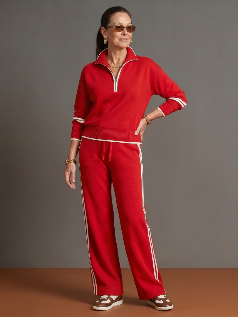 Quarter Zip Sweatshirt and Side Stripe Wide Leg Pants Two Piece Set 7