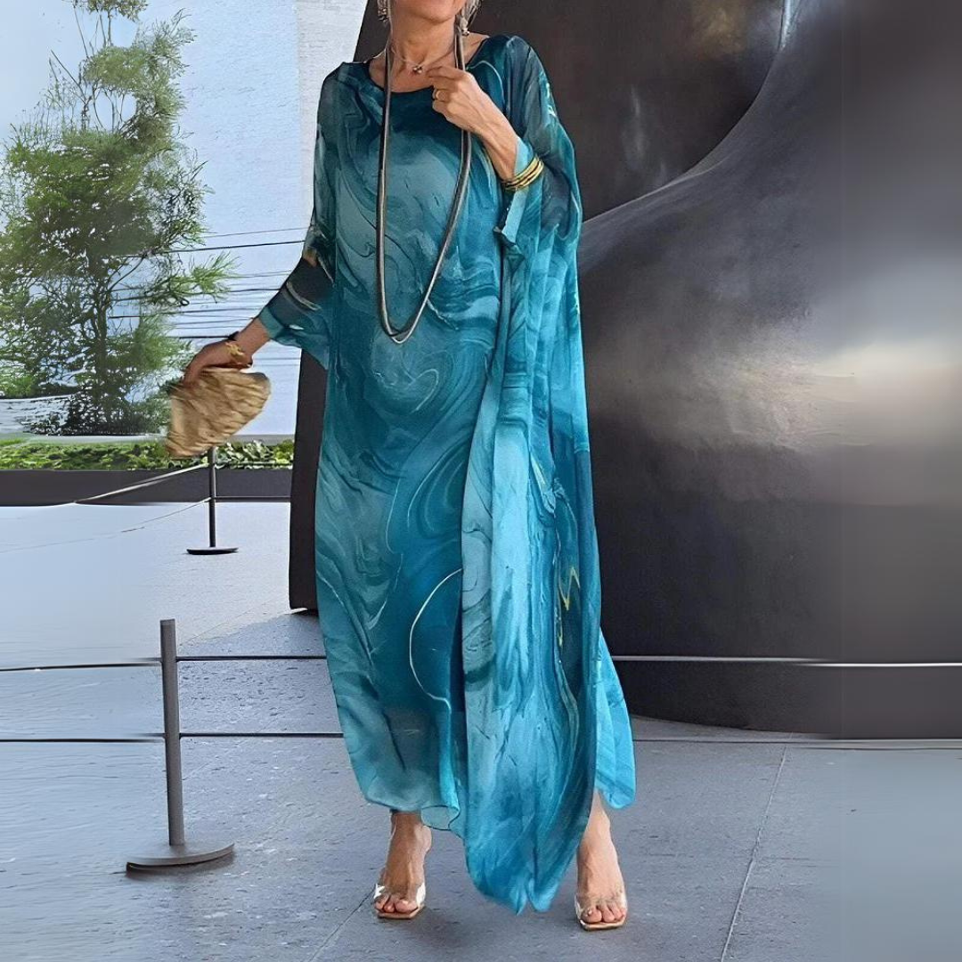 Marble Print Batwing Sleeve Kaftan Maxi Dress - View 7