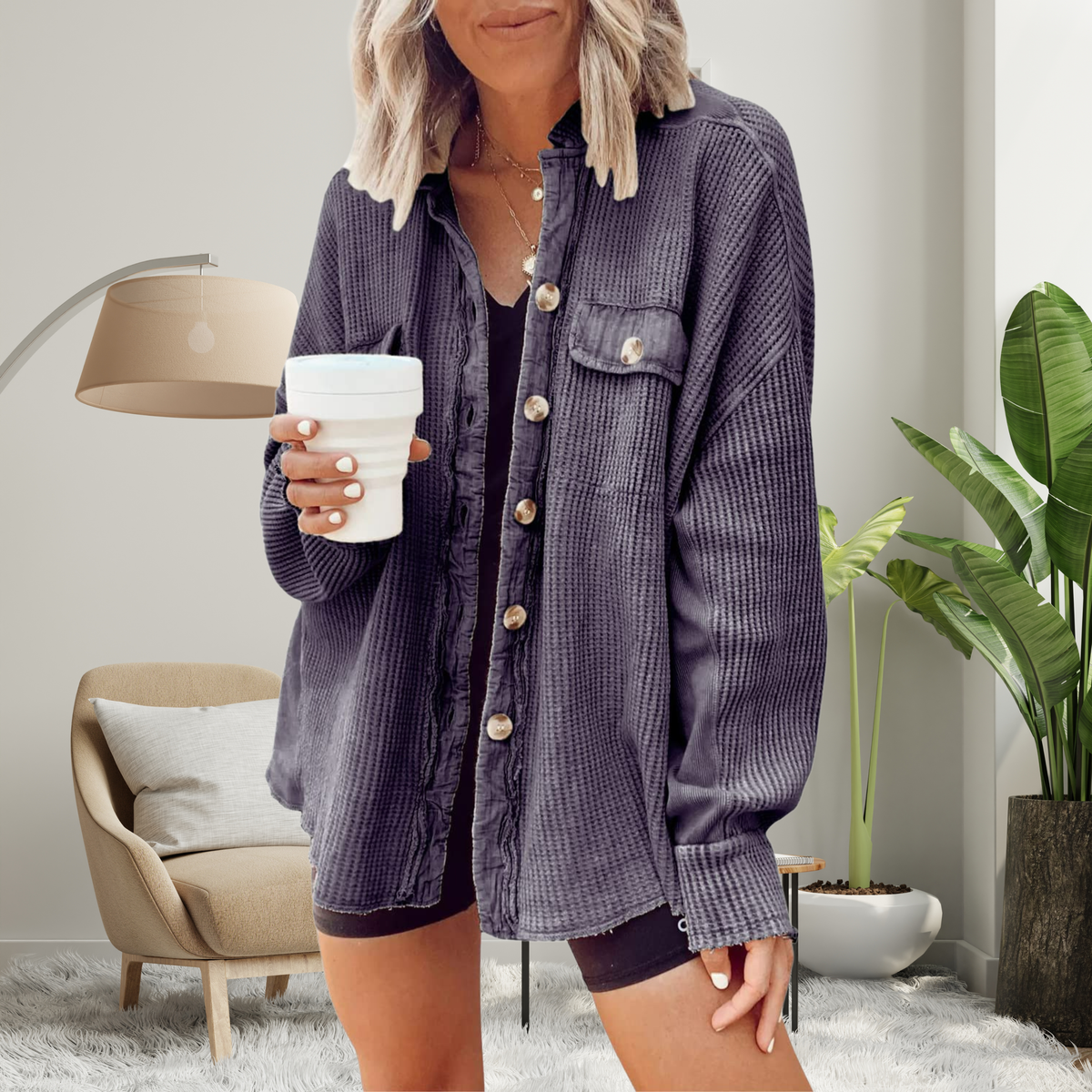 Waffle Knit Drop Shoulder Button Down Shacket 8