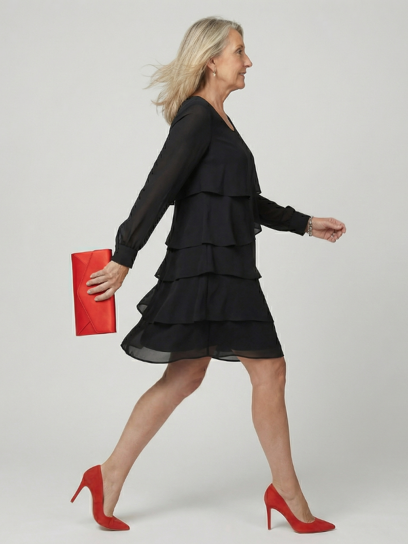 Round Neck Long Sleeve Tiered Knee Length Dress 6