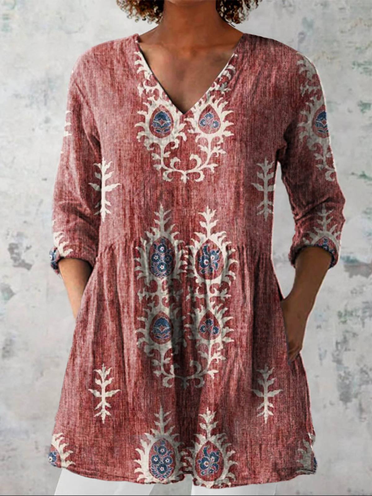 Floral Print V-Neck Long Sleeve Peplum Tunic Top 3