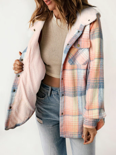 Plaid Sherpa Lined Button Front Hooded Shacket 3