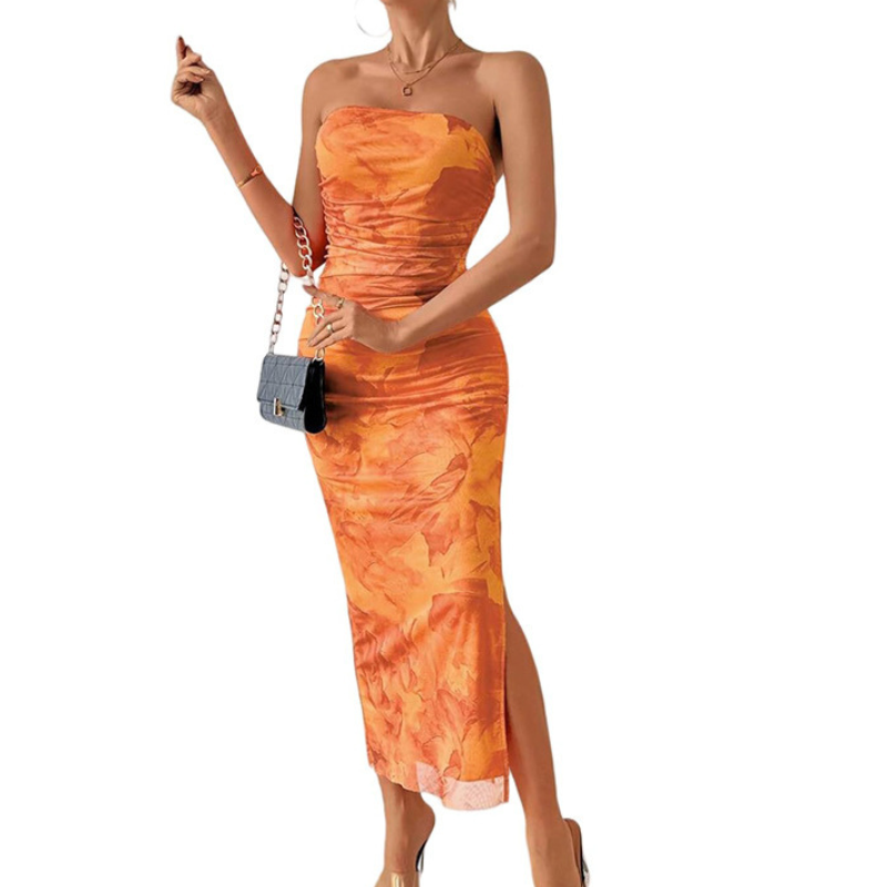 Floral Print Strapless Ruched High Split Bodycon Maxi Dress 8