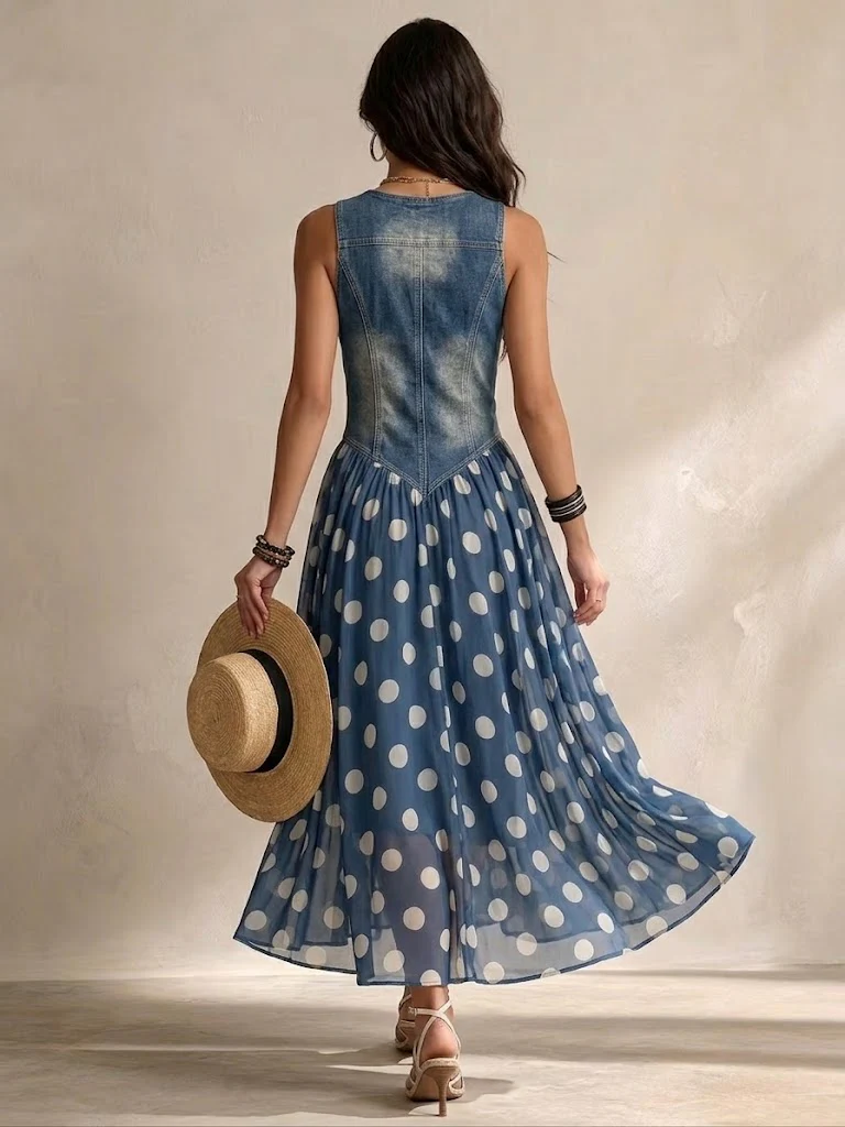 V-Neck Button Front Denim Bodice Polka Dot Maxi Dress 4