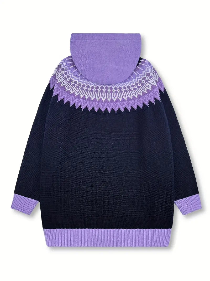 Hooded Button Front Fair Isle Knit Longline Cardigan 21