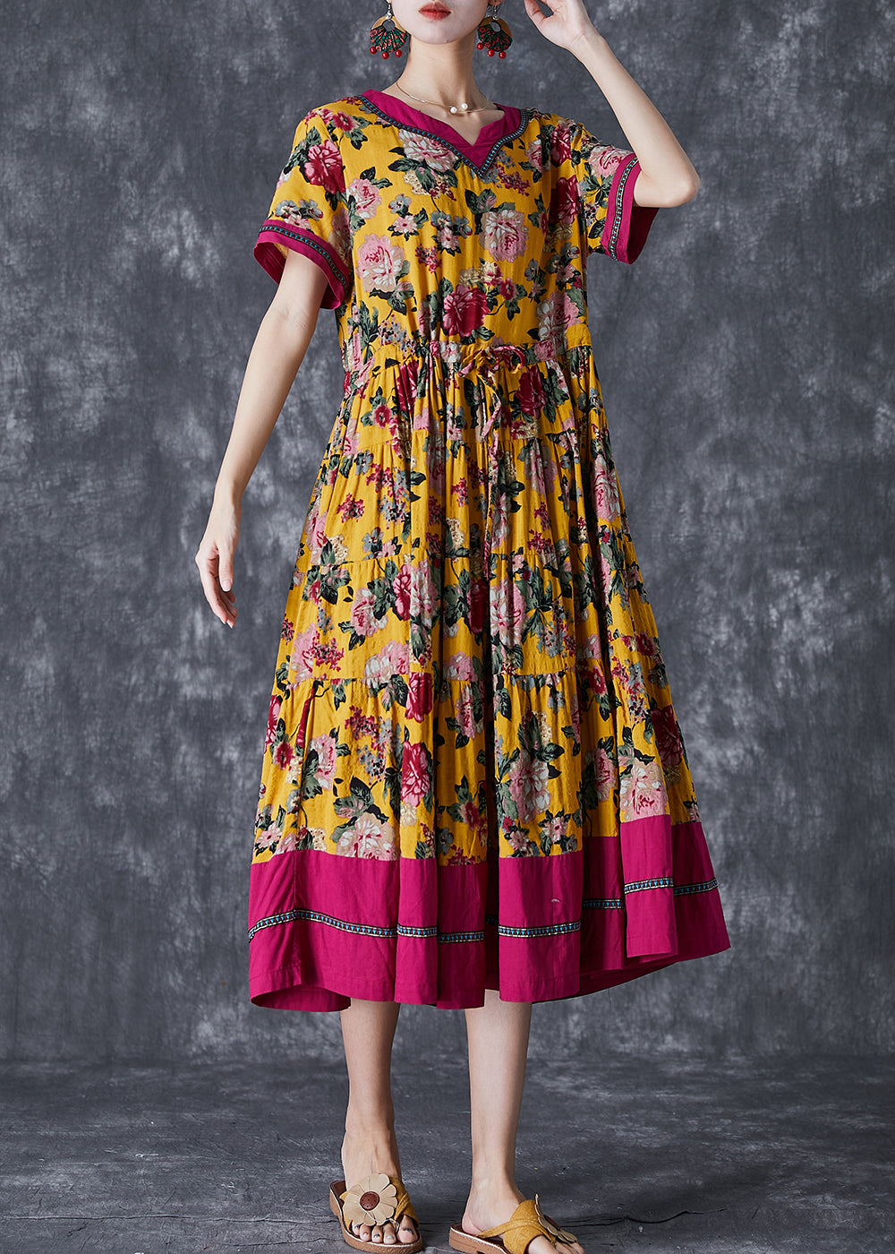 Floral Print V-Neck Contrast Trim Short Sleeve Midi Dress - View 3