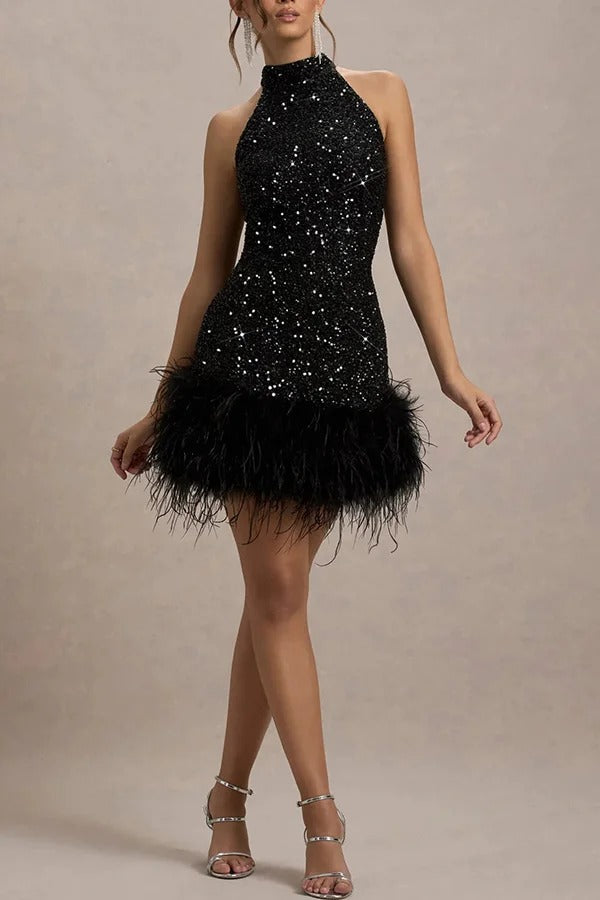 Sequin High Neck Sleeveless Feather Hem Bodycon Mini Dress - View 4
