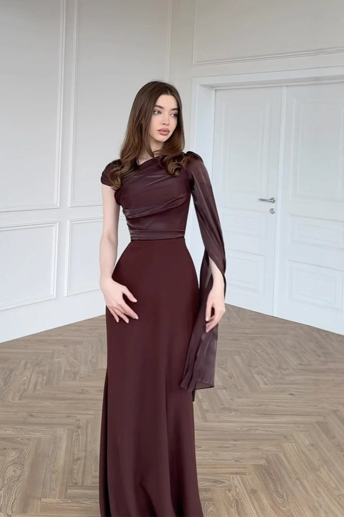Chiffon One Shoulder Cape Sleeve Ruched High Slit Maxi Dress - View 2