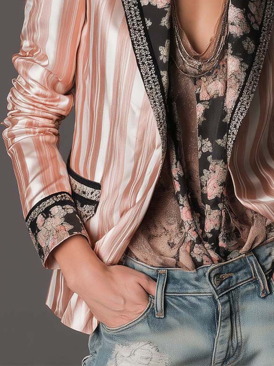 Striped Satin Floral Contrast Lapel Blazer 4