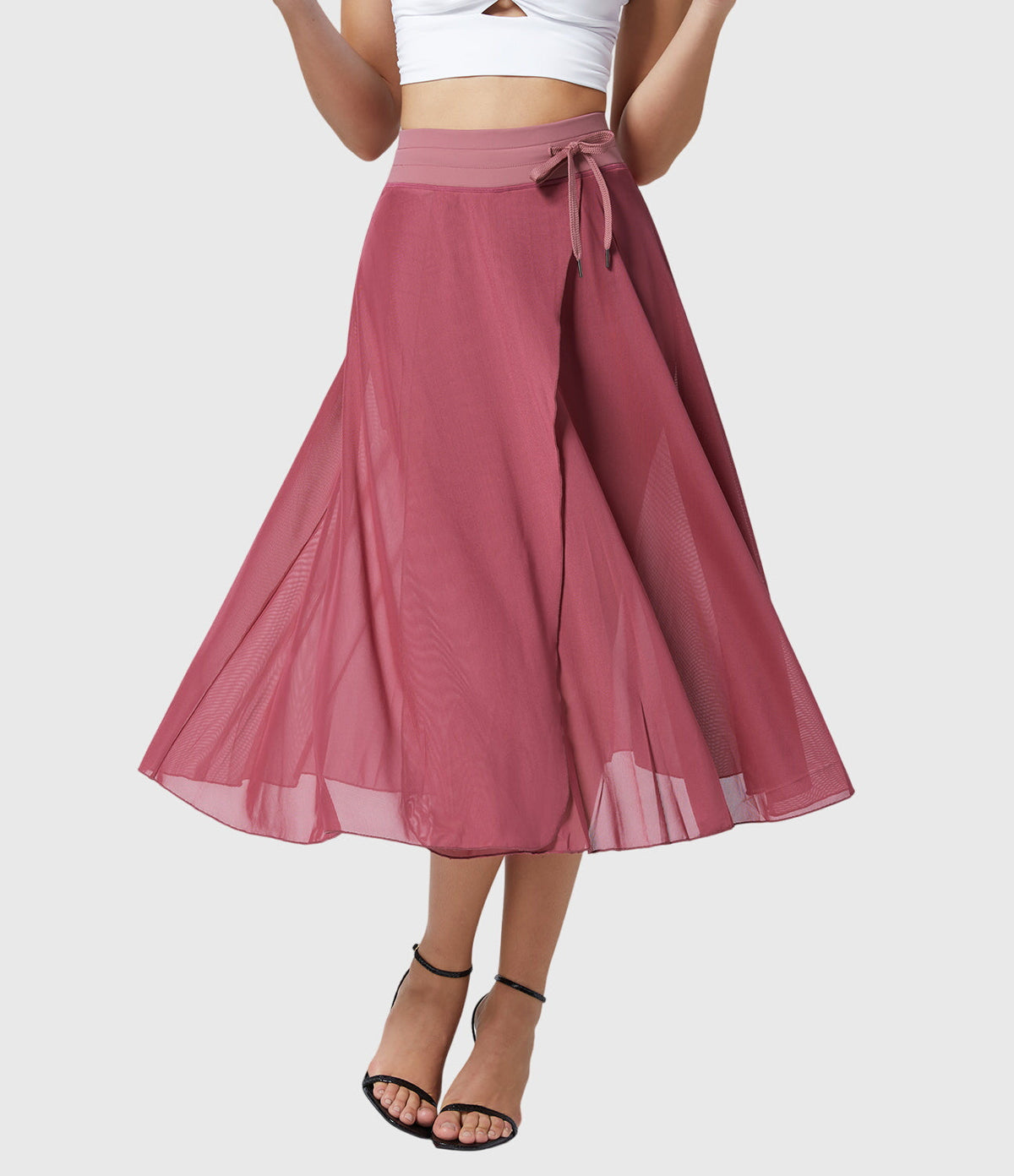 High Waist Drawstring Front Slit A-Line Midi Skirt 13