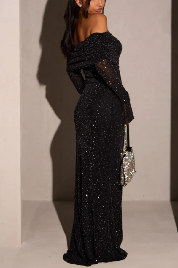 Sequin Off Shoulder Long Sleeve Ruched Bodycon Maxi Dress - View 5
