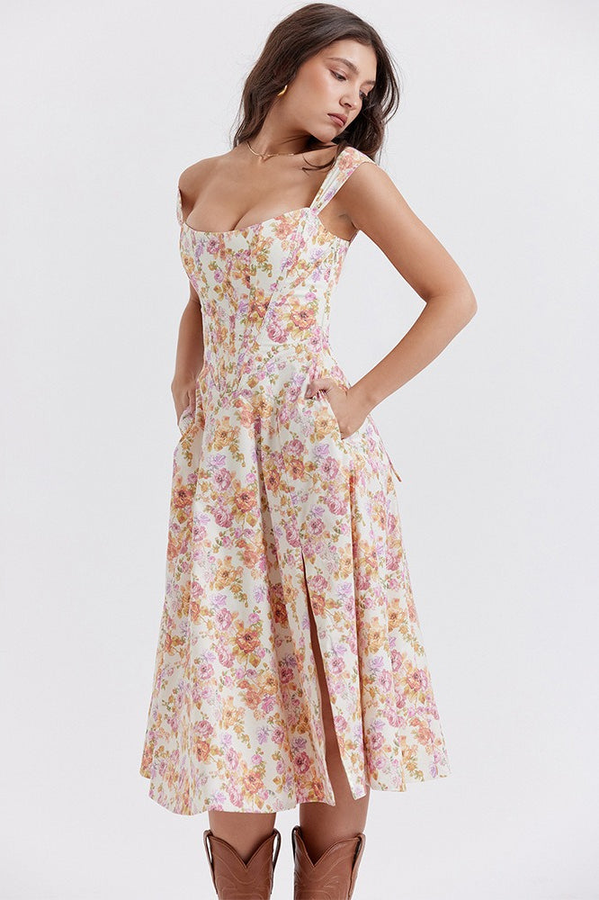 Floral Print Sweetheart Corset A-Line Midi Dress - View 4