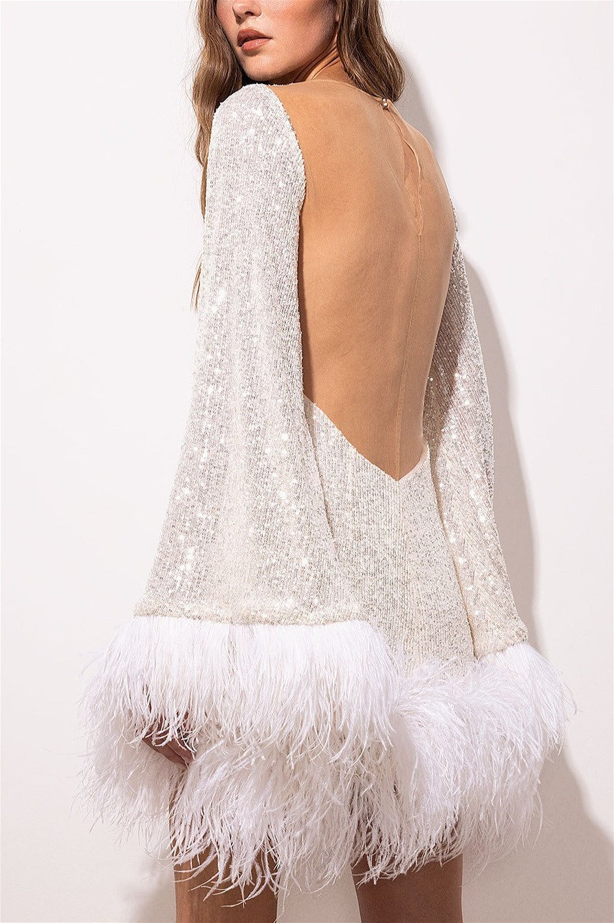 Sequin Knit Long Sleeve Feather Trim Mini Dress - View 2