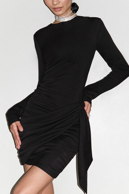 Crew Neck Long Sleeve Ruched Wrap Hip Knot Bodycon Mini Cocktail Dress - View 5