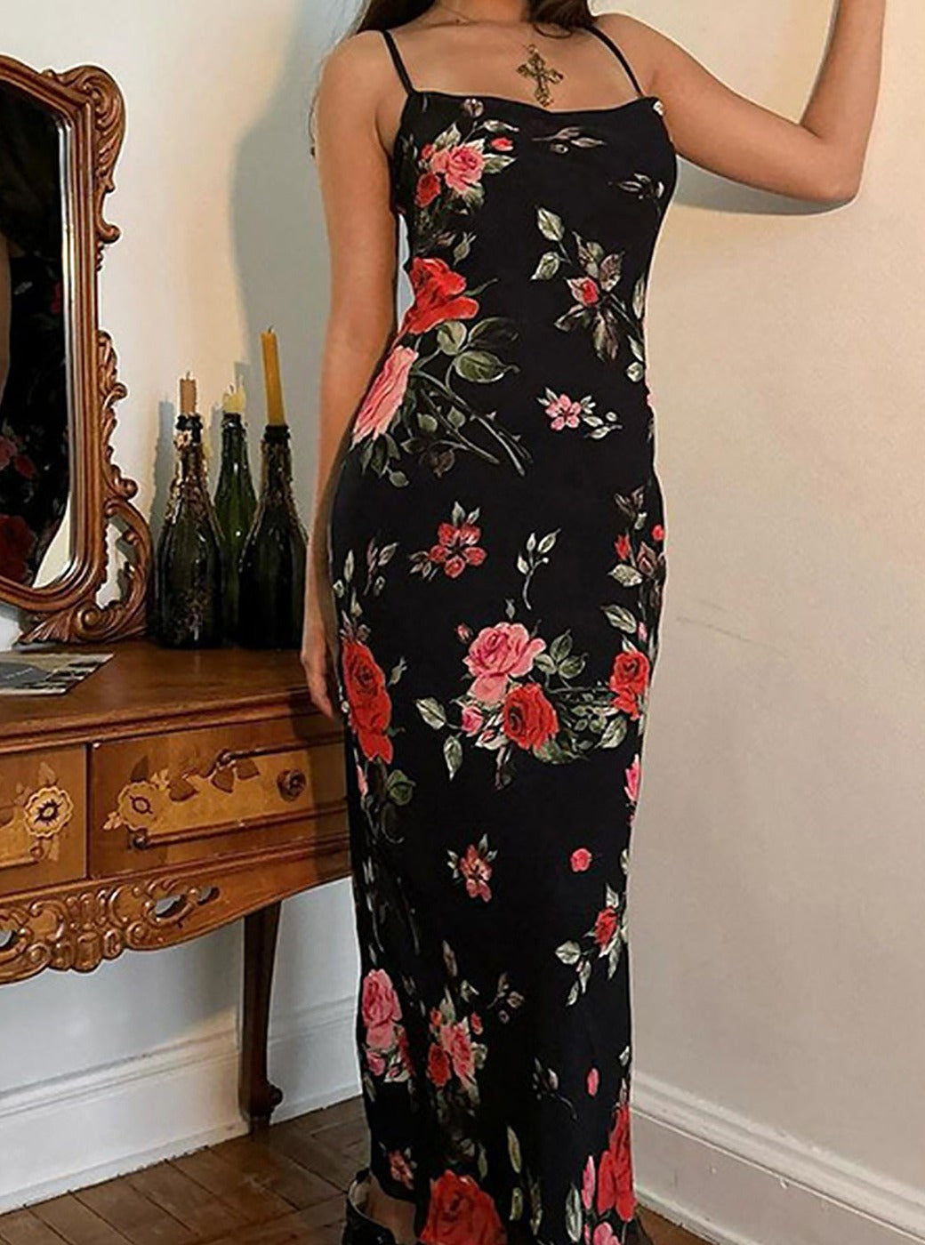 Floral Print Mesh Spaghetti Strap Maxi Dress - View 2