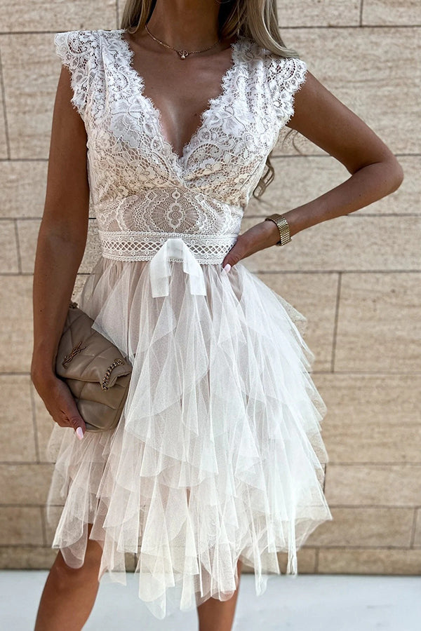 Lace V-Neck Tiered Tulle Fit and Flare Mini Dress - View 5
