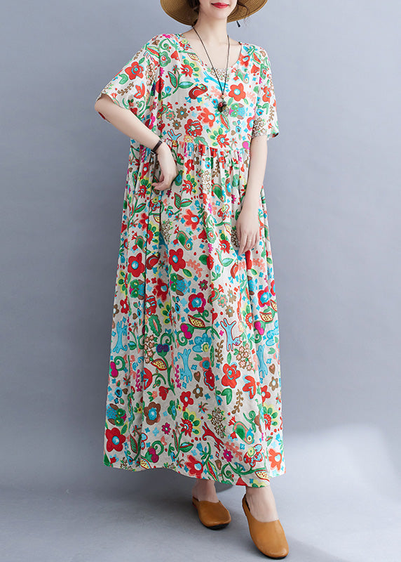 Floral Graphic Print Round Neck Short Sleeve Maxi Dress - View 3