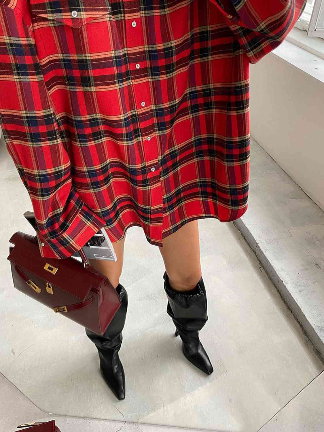 Plaid Blouse Drop With Shoulder