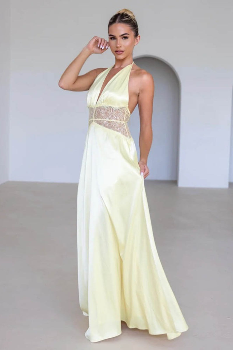 Satin Halter Neck Deep V-Neck Lace Trim Slip Maxi Dress - View 9
