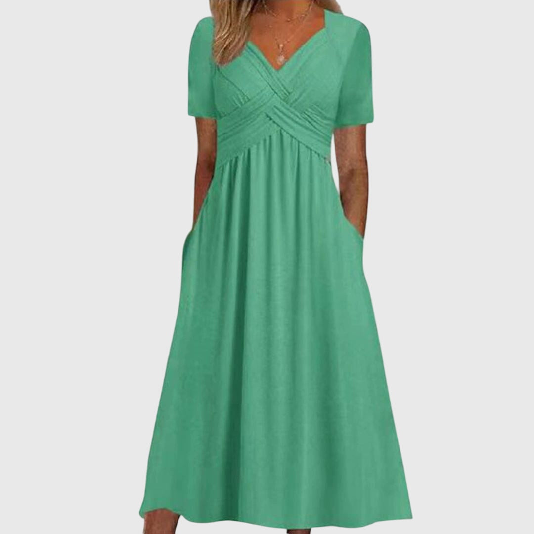 Cross Front Ruched V-Neck Short Sleeve Pocket Midi Dress