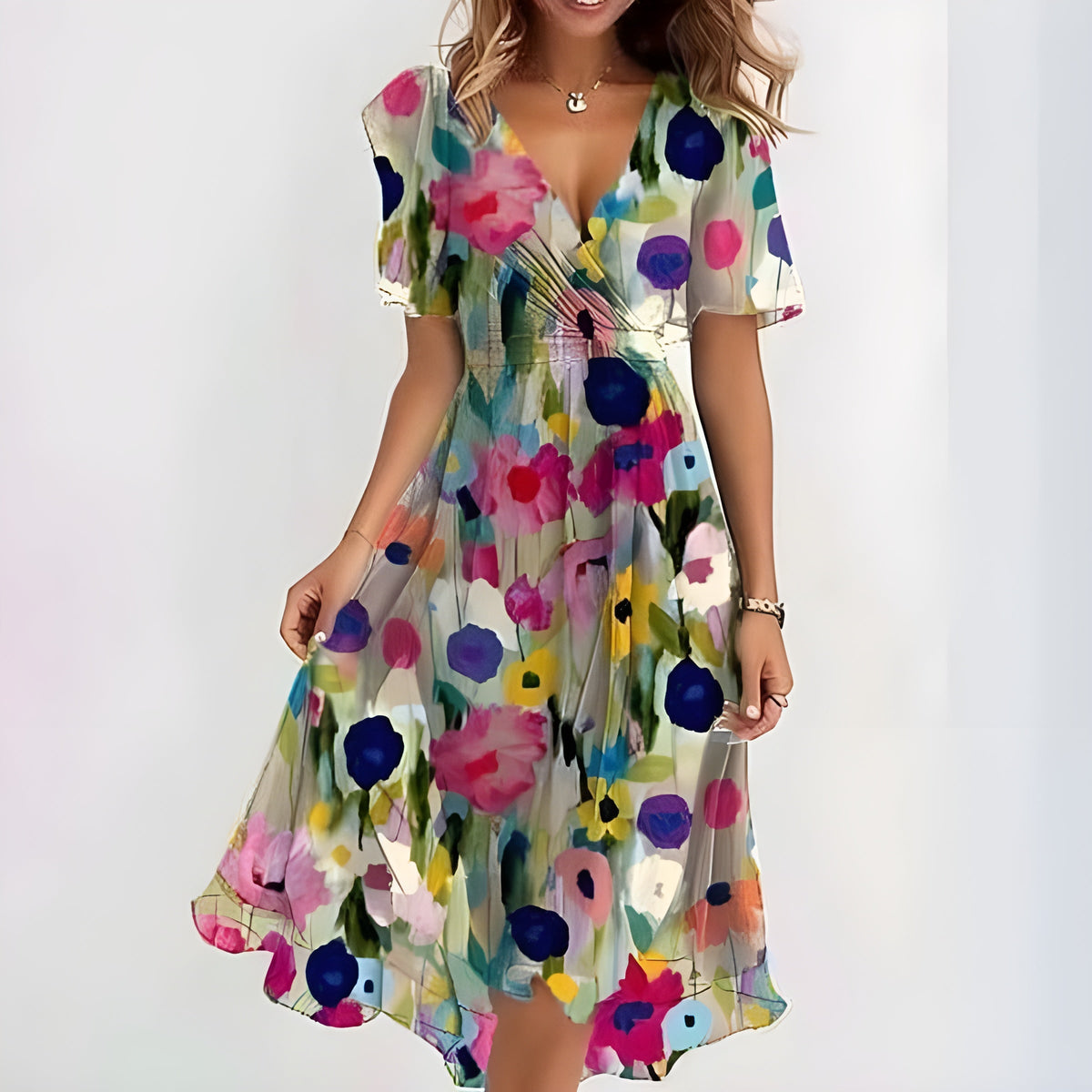 Watercolor Floral V-Neck Short Sleeve High Low Midi Dress