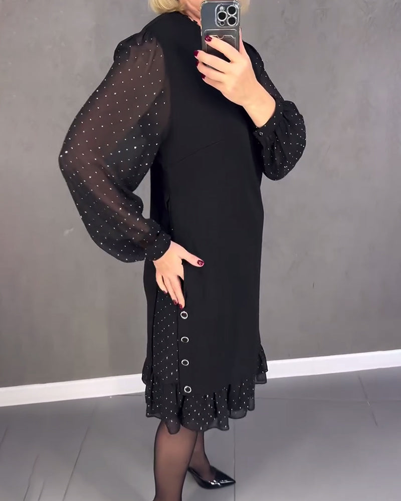 Round Neck Sheer Dot Sleeve Ruffle Hem Shift Midi Dress 3