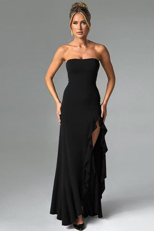 Strapless Ruffle High Slit High Low Maxi Dress - View 7