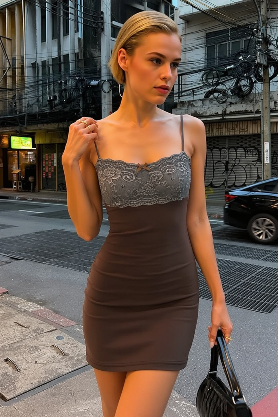 Lace Bustier Spaghetti Strap Bodycon Slip Mini Dress - View 2