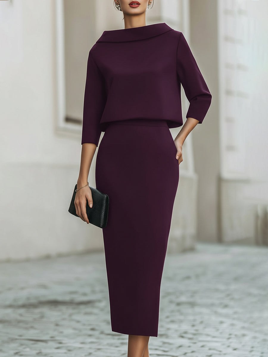 Cowl Neck Top and Straight Midi Skirt Two Piece Set 14