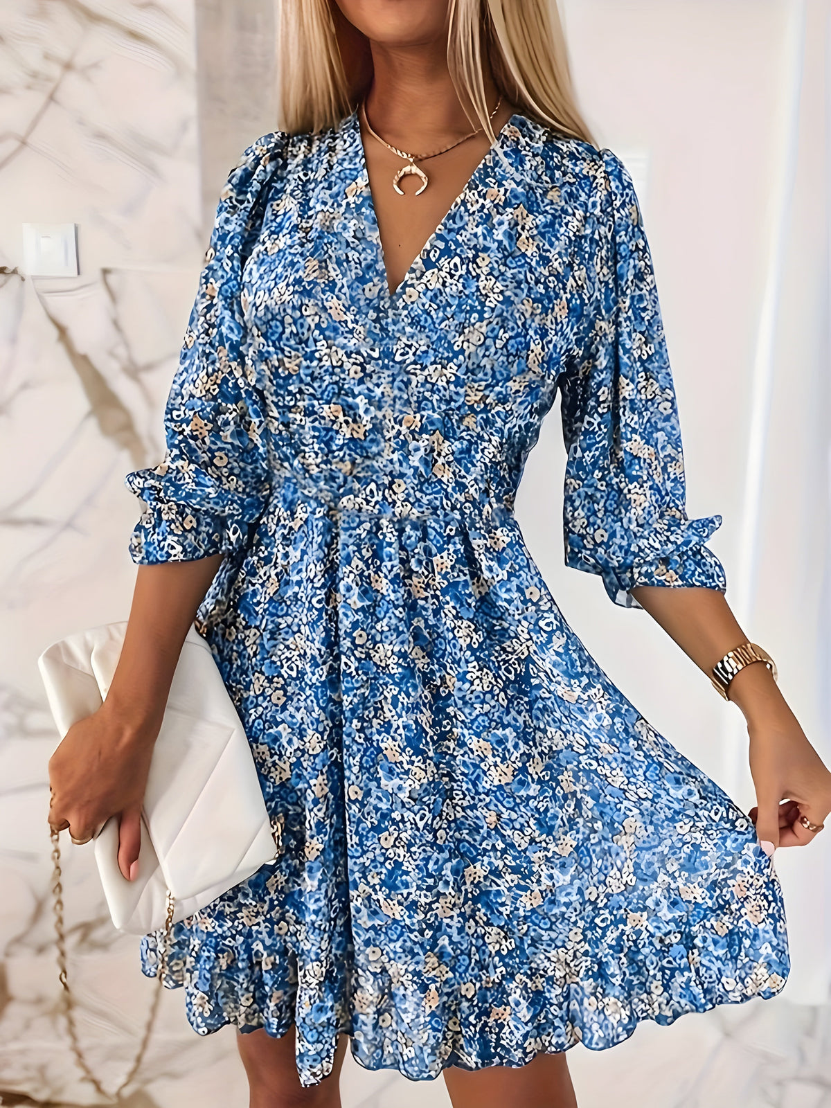 Ditsy Floral V-Neck Long Sleeve Ruffle Hem Mini Dress 6