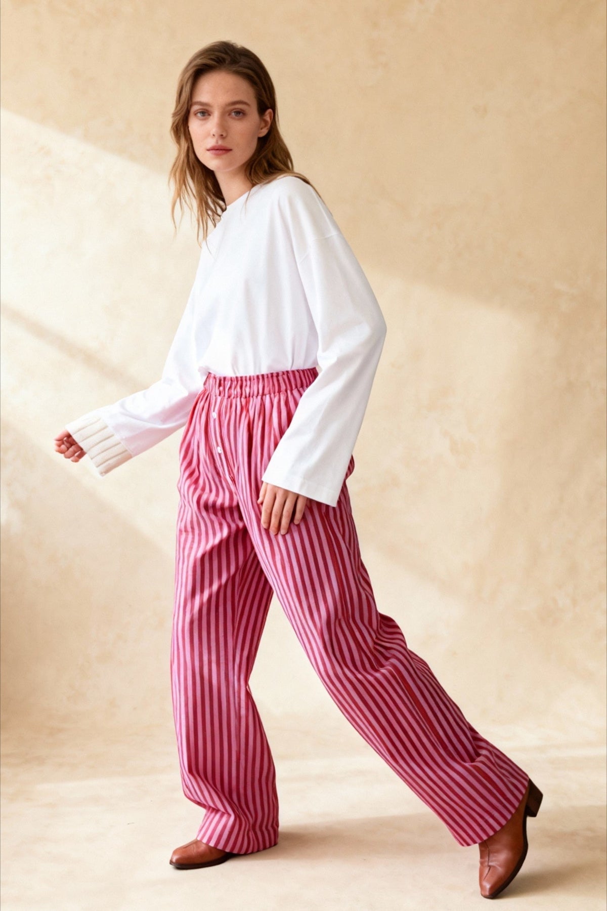 Retro Striped Button High Waist Straight Pant