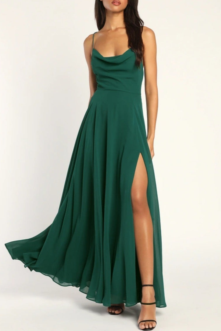 Chiffon Cowl Neck Lace Up Back High Split Maxi Dress - View 9